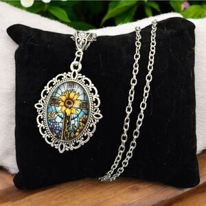 Mosaic Cross Sunflower Potrait Cabochon Silver Glass Dome Victorian Necklace NEW